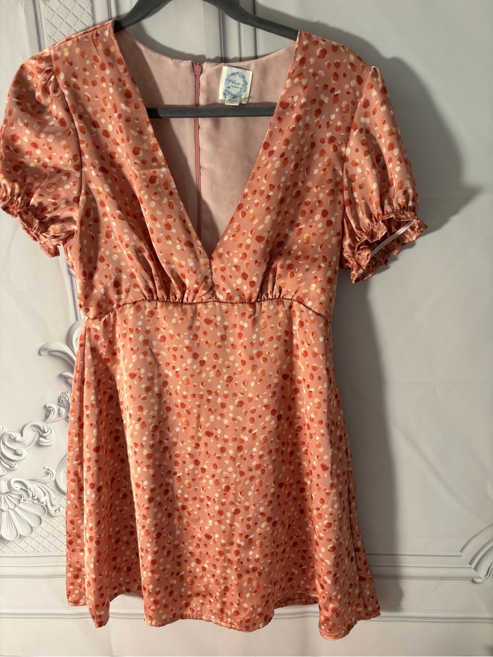 Francesca’s Collection Blue Rain Blush/Brown Polka Dot Dress-Size Small